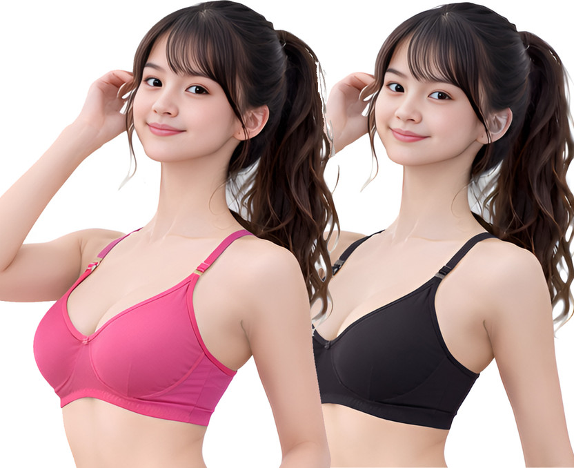 STOGBULL Women & Girls Bra Non Padded Full Coverage Daily Wear Bra Combo Pack of 2 Women T-Shirt Non Padded Bra(Pink, Black)