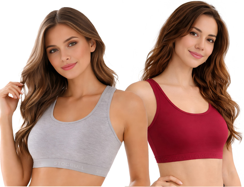 STOGBULL Women Cotton Lycra Sports Bra Combo Pack of 3 for Daily Wear, Gym & Yoga Women Sports Non Padded Bra(Grey, Maroon)
