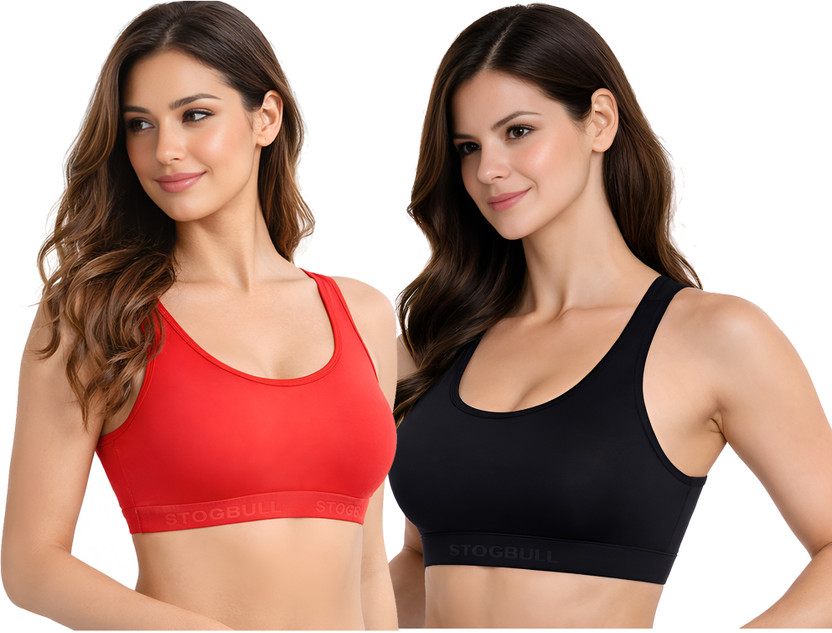 STOGBULL Cotton Lycra Sports Bra Combo pack of 2 for Gym Yoga Exercise Running & Workout Women Sports Non Padded Bra(Red, Black)