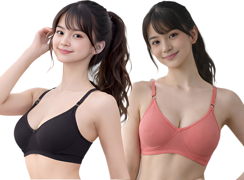 STOGBULL Hoisery Cotton Bra Combo for Girls Women Ladies Teenagers for Regular Daily Use Women T-Shirt Non Padded Bra(Black, Orange)