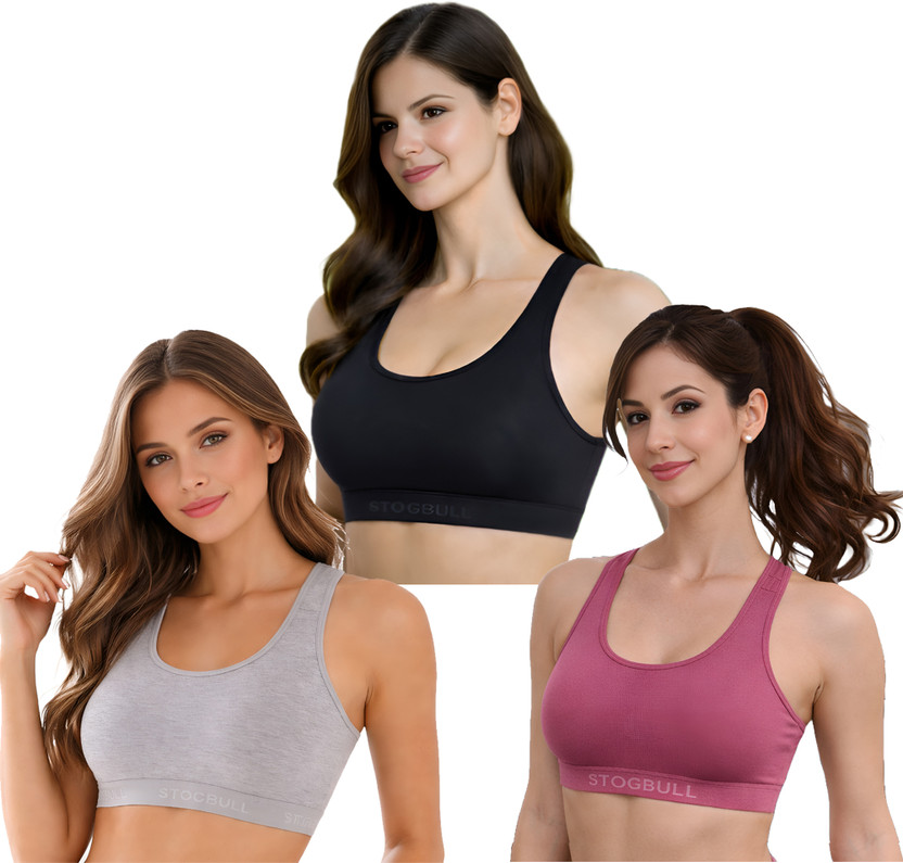 STOGBULL Cotton Lycra Sports Bra combo pack of 3 for Gym Yoga Exercise Running Workout Women Sports Non Padded Bra(Multicolor)