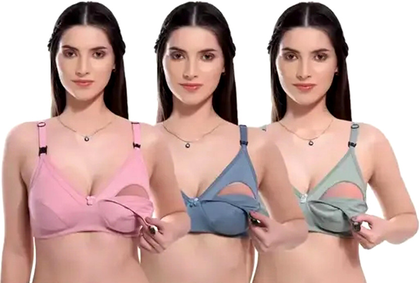 Giftsland Women's Cotton Non-Padded Maternity Breastfeeding Mother Bra Combo Pack of 3 Women Full Coverage Non Padded Bra(Multicolor)