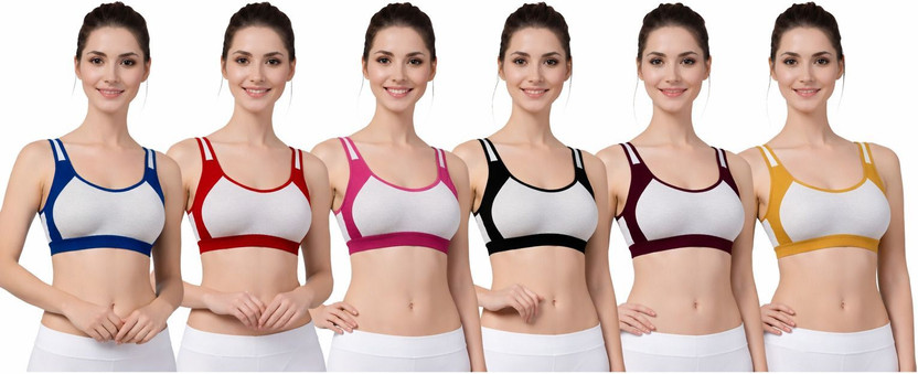 Wonkey by Pack of 6 Bra Pack of 6 Sport Bra Women Sports Non Padded Bra(Blue, Maroon, Pink, Black, Brown, Yellow, White)