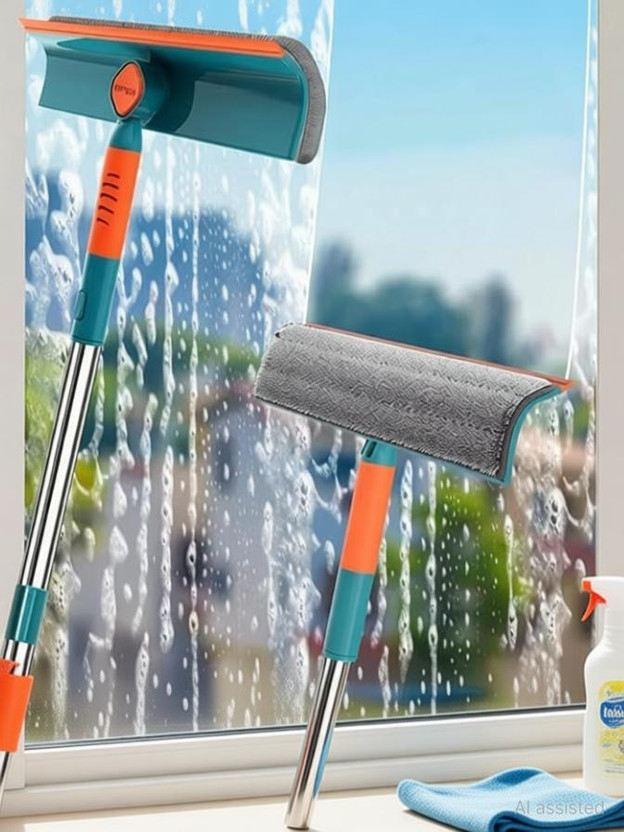 hblife 2 in 1 Window Cleaning Tool Wiper Bendable Head for Indoor Outdoor Reusable Plastic, Microfibre Wet and Dry Brush(Orange, Green)