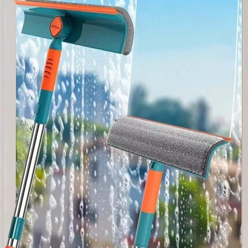 hblife 2 in 1 Window Cleaning Tool Wiper Bendable Head for Indoor Outdoor Reusable Plastic, Microfibre Wet and Dry Brush(Orange, Green)