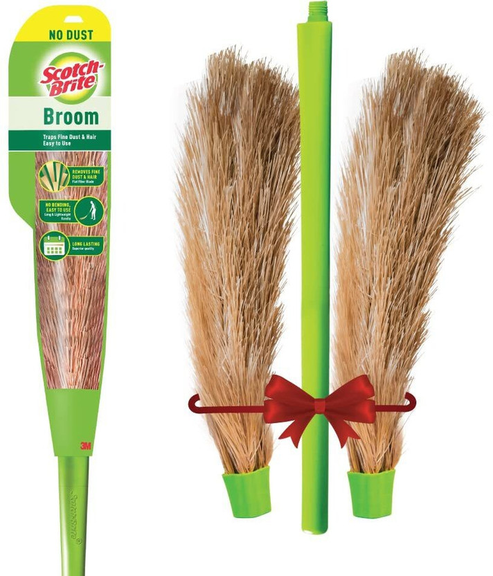 Scotch-Brite No-Dust Broom, Floor cleaning with extra Refill Head (Multi-use) Fiber Dry Broom(Green)