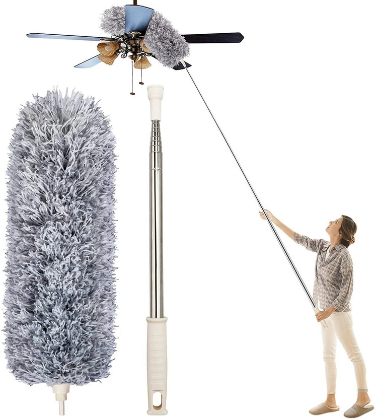 herik Microfiber Duster Bendable&Extendable Fan Cleaning Duster 100 In Expandable Pole Nylon Wet and Dry Brush(Grey)