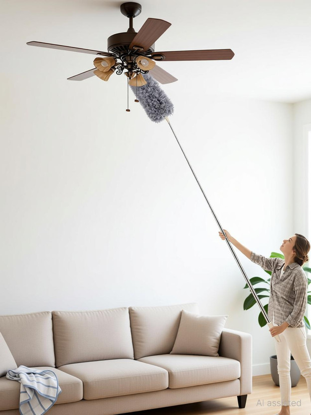 KRIYAART Ceiling Fan Duster with Telescopic Handle, Reusable Dust Cleaning Tool Microfibre Wet and Dry Brush(Grey)