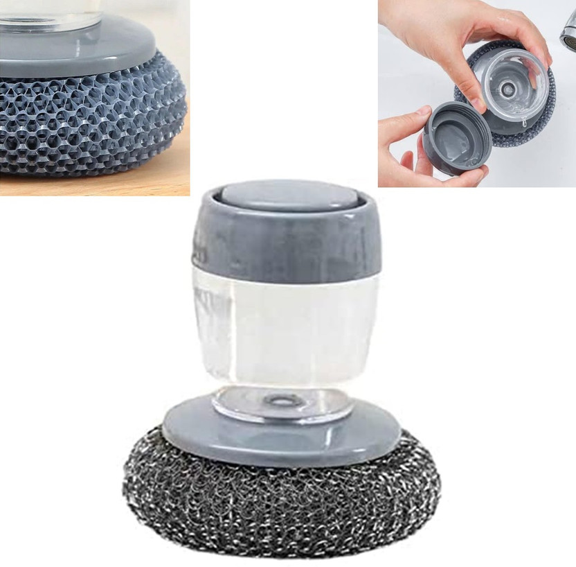 NIRMATSARAY wok scrubber brush,Dish Bowl Washing Brush,Pot Cleaner Tool,Soap Dispenser Plastic Wet and Dry Brush(Grey)
