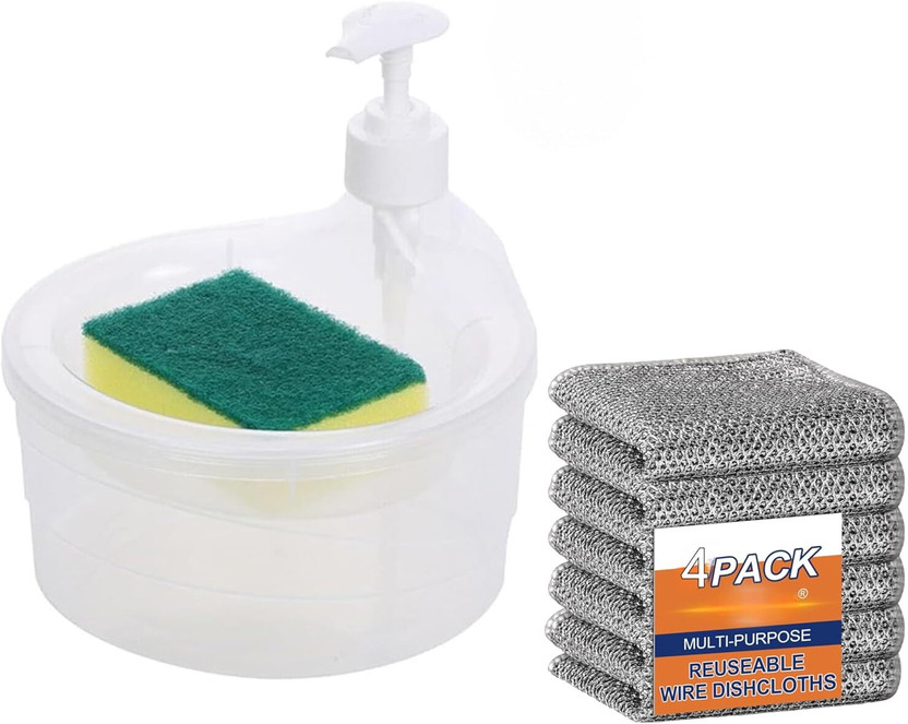PURCHASE ENTERPRISE Creative 2 in 1 Soap Dispenser + 4 pc dish cloth for Dishwasher Liquid Holder Plastic Wet and Dry Brush(Multicolor, 5 Units)