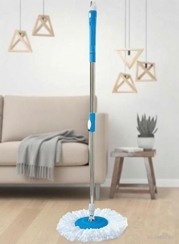 REHBAR Spin 360 Degree Mop Full Stick Head Stainless Steel Rod with 1 Refill Plastic Wet and Dry Brush(Multicolor)