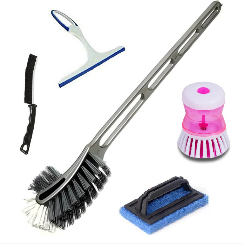 QinPin Toilet Brush, Wiper, Tile, Sink & Gap Brush – 5 Pc Complete Cleaning Kit Toilet Brush