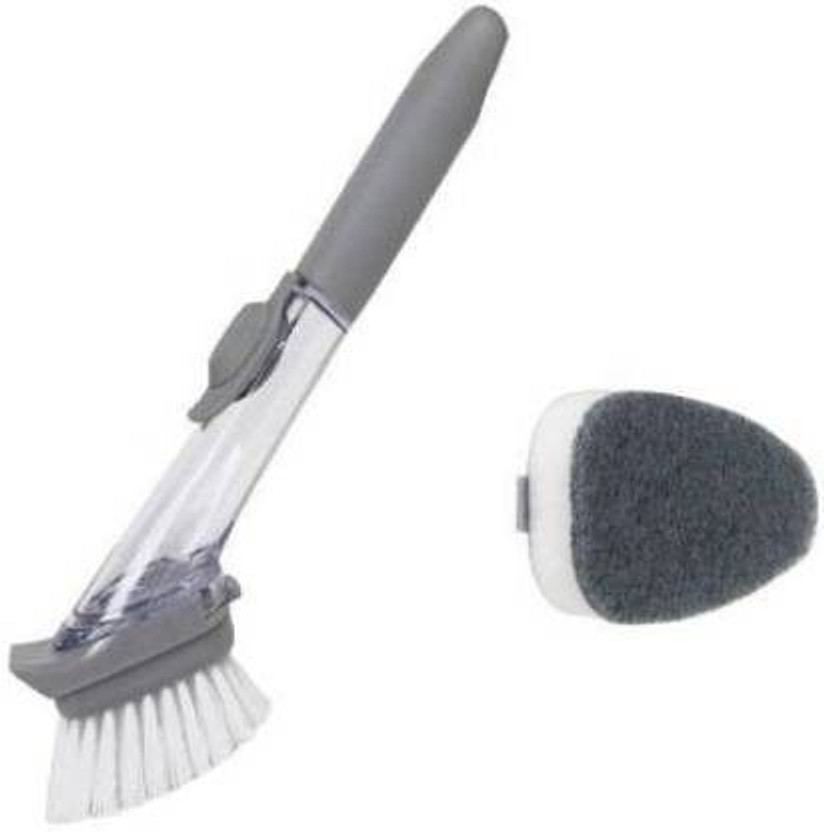 HTL Kitchen Cleaning Brush Scrubber Dish Bowl Washing Sponge with Refill Liquid Soap Dispenser Pot Cleaner Tool Long Handle Scrub Sponge Fiber Wet and Dry Broom(Black)