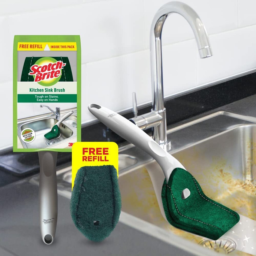 Scotch-Brite Kitchen Sink Sponge Wet Brush with Refill, Easy to use Nylon, Fiber Dry Brush(Grey, Green)