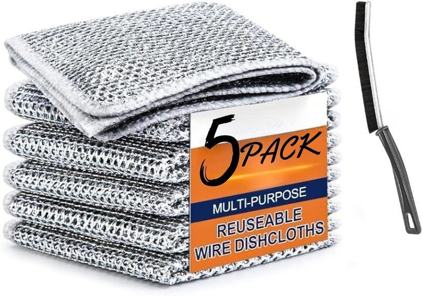 Qsin Dishwashing Non Scratch Metal Wire Dish Cloth With Gap Cleaning Brush Plastic Wet and Dry Brush(Multicolor)