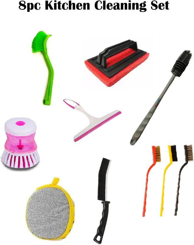 QinPin Kitchen Cleaning Kit 8 Pieces with Soap Brush & Wiper Cleaning Brush
