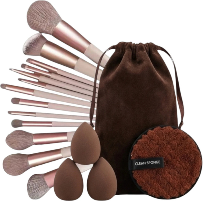 Vidhmahi 17Pc Makeup Kit Set - 13 Brushes, 3 Blenders & Clean Sponge (Coffee)(Pack of 17)