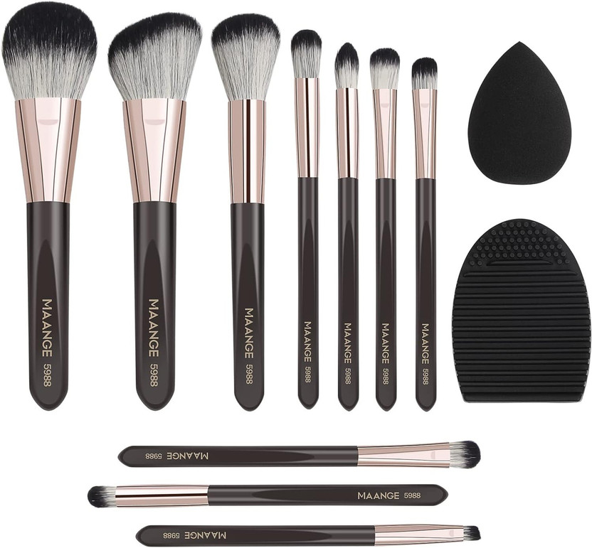 Maange 12-in-1 Makeup Brush Set with Blender & Cleaning Tool – Brown Gold(Pack of 12)