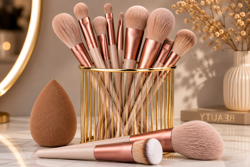 ANSHAURA Makeup Brush Set With 13 Brushes, Beauty Sponge And Carry Pouch(14 Items in the set)