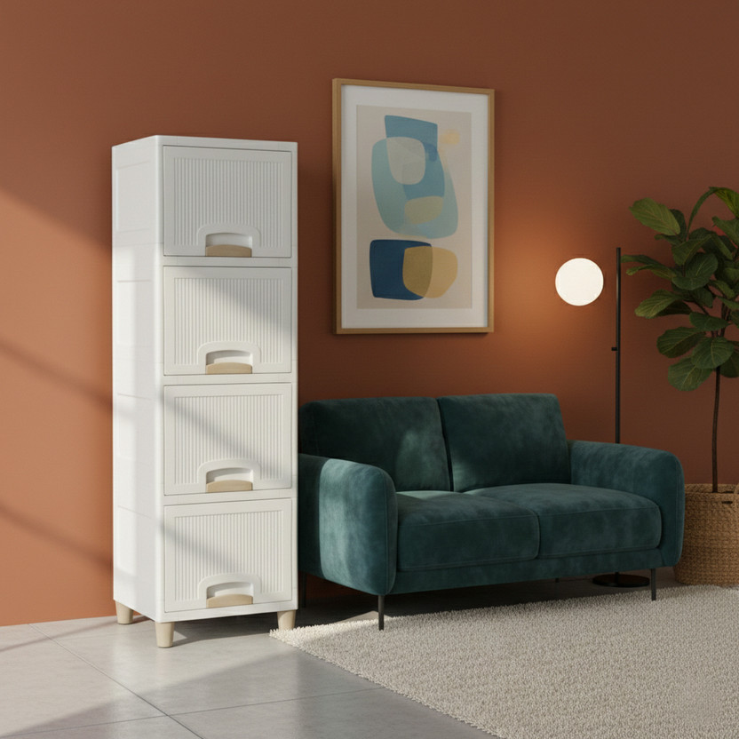 Surety for Safety 4 Compartments Plastic 4 layer Mobile storage units with multiple shelves or drawers(White)