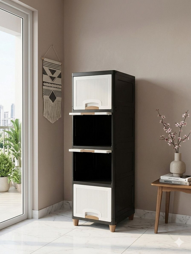 Sumoware 4 Layer Black and White Cabinet Drawers Plastic Free Standing Cabinet(Finish Color - Black & White, Door Type- Frameless Sliding, DIY(Do-It-Yourself))