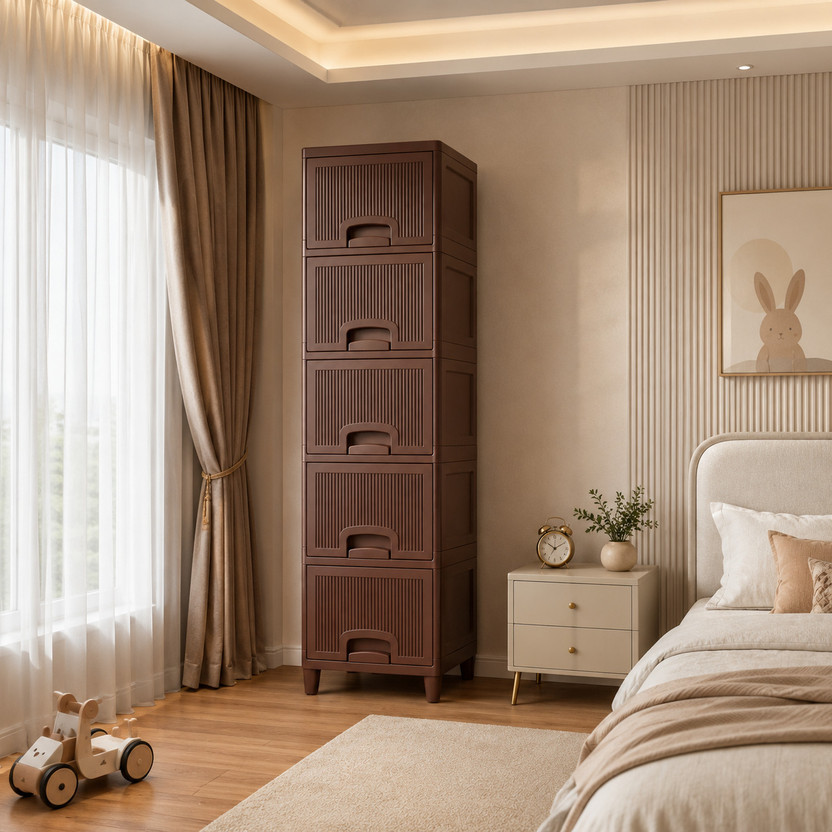 Jayci Mart Stylish 5 Drawer Plastic Storage Cabinet for Bedroom Plastic Free Standing Cabinet(Finish Color - Brown, Pre-assembled)