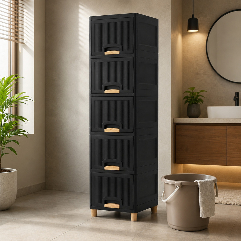 Suptikes Tall Utility Storage Tower for Cleaning Products, Tools and Accessories Plastic Free Standing Chest of Drawers(Finish Color - Black, Door Type- Framed Sliding, DIY(Do-It-Yourself))