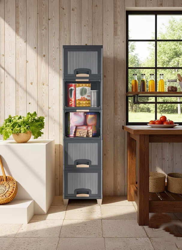 MAXTID 5 Layer Chef’s Tool Storage Solution Plastic Free Standing Cabinet(Finish Color - Grey, Door Type- Folding, DIY(Do-It-Yourself))