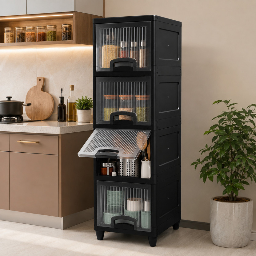 Surety for Safety 4 Layer Black Plastic Cabinet for Home Office Bedroom and Kids Storage Plastic Free Standing Cabinet(Finish Color - Black, Door Type- Framed Sliding, DIY(Do-It-Yourself))