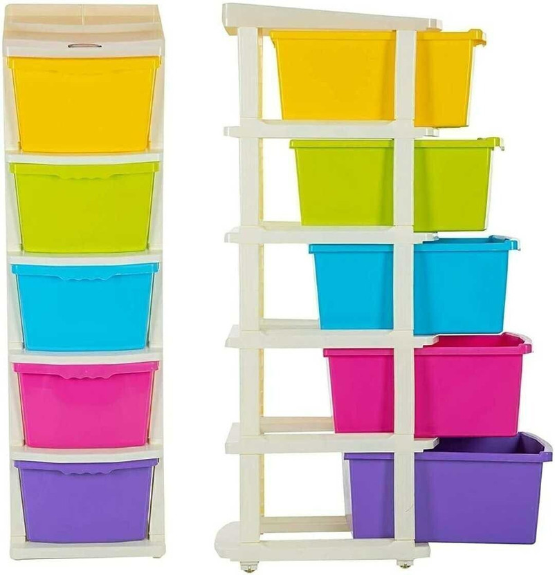 BAPUJI ENTERPRISE 5 Layer Plastic Modular Basket Drawer Chest Storage Rack System Large Stomo Multi Purpose chest of Trolley Foldable drawers Anti-Slip Shoes organizers Box (Multicolour, 5 layer drawer) Plastic Free Standing Chest of Drawers(Finish Color - MULTICOLOR, Door Type- Framed Sliding, DIY(