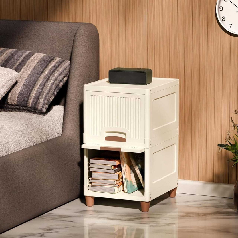 PALAK 2 Layer Foldable Cabinet Plastic Cupboard For Storage Plastic Modular Drawer Plastic Free Standing Cabinet(Finish Color - White, Door Type- Framed Sliding, DIY(Do-It-Yourself))