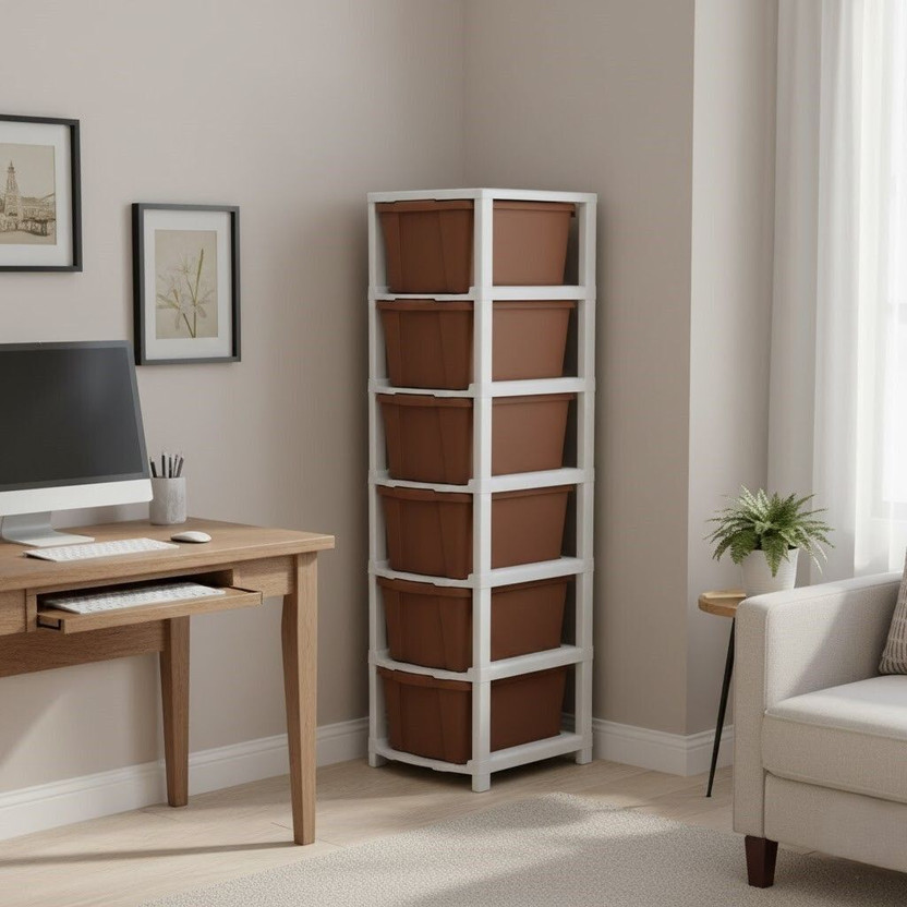MAXTID Desktop Office Organizer Multi Layer Storage Drawer Unit Plastic Free Standing Cabinet(Finish Color - Brown, Door Type- Frameless Sliding, DIY(Do-It-Yourself))