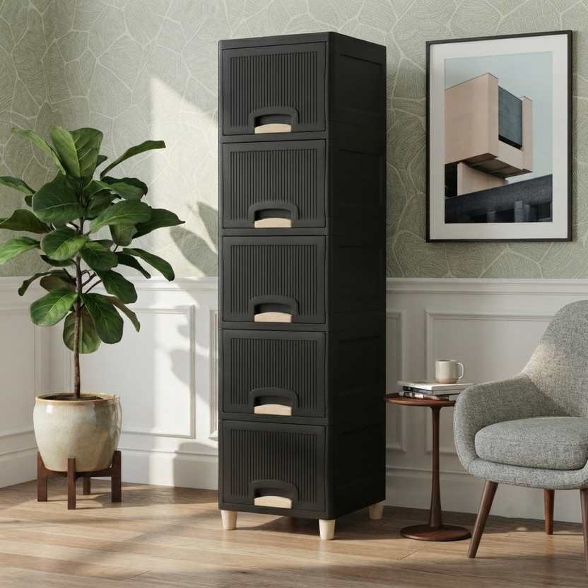 MAXTID Stylish Black Plastic Cabinet with Five Drawers for Organized Living Plastic Close Book Shelf(Finish Color - Black, DIY(Do-It-Yourself))