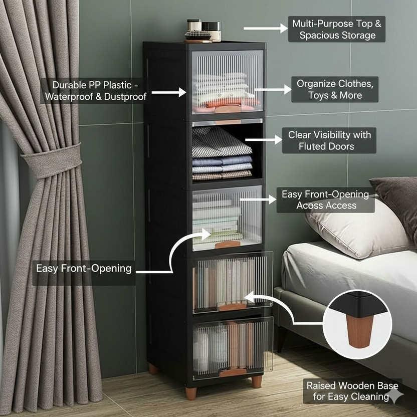 kaneriya 5 Layer Foldable Cabinet Plastic Cupboard For Storage Plastic Modular Drawer Plastic Free Standing Cabinet(Finish Color - Black, Door Type- Frameless Sliding, DIY(Do-It-Yourself))