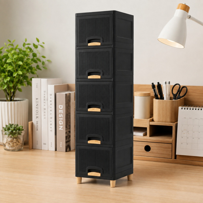 JAINPET Tall Compact Desk Cabinet for Stationery, Files and Office Accessories Plastic Free Standing Chest of Drawers(Finish Color - Black, Door Type- Framed Sliding, DIY(Do-It-Yourself))