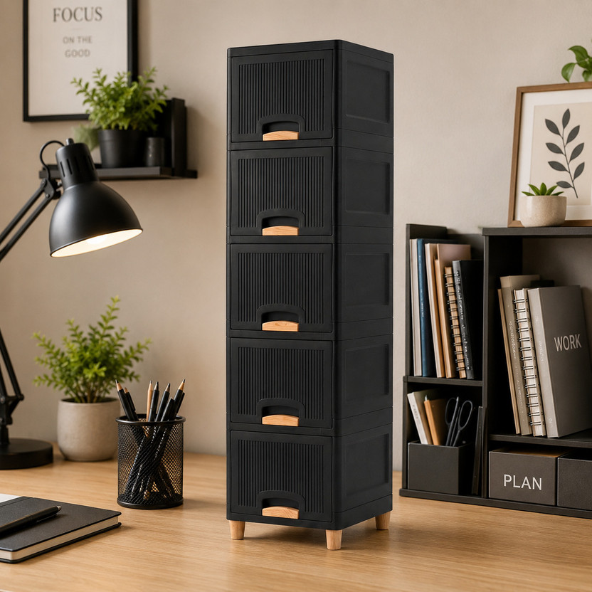 Surety for Safety Vertical Balcony Storage Tower with Drawers for Tools and Accessories Plastic Free Standing Sideboard(Finish Color - Black, Door Type- Framed Sliding, DIY(Do-It-Yourself))