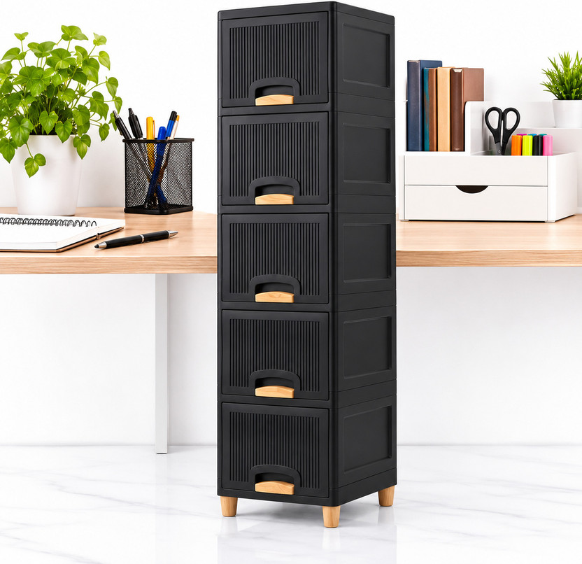 JAINPET Tall Office Storage Tower for Files, Stationery and Household Supplies Plastic Free Standing Cabinet(Finish Color - Black, Door Type- Framed Sliding, DIY(Do-It-Yourself))