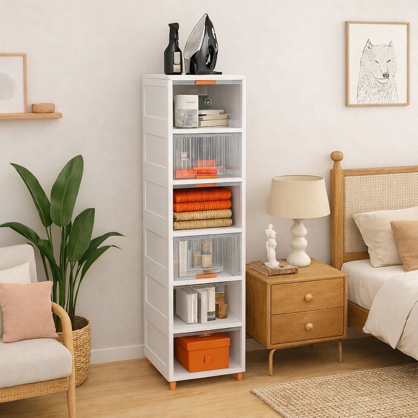 Velfree Plastic Wardrobe Organizer/Foldable Cupboard for Storage/Stackable Storage Plastic Free Standing Cabinet(Finish Color - White, Pre-assembled)