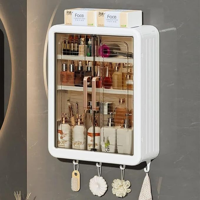 Idona Creation Wall Mounted Makeup Organizer,Dustproof Cosmetic Organizer,Bathroom Organizer Plastic Wall Mount Cabinet(Finish Color - White, Pre-assembled)