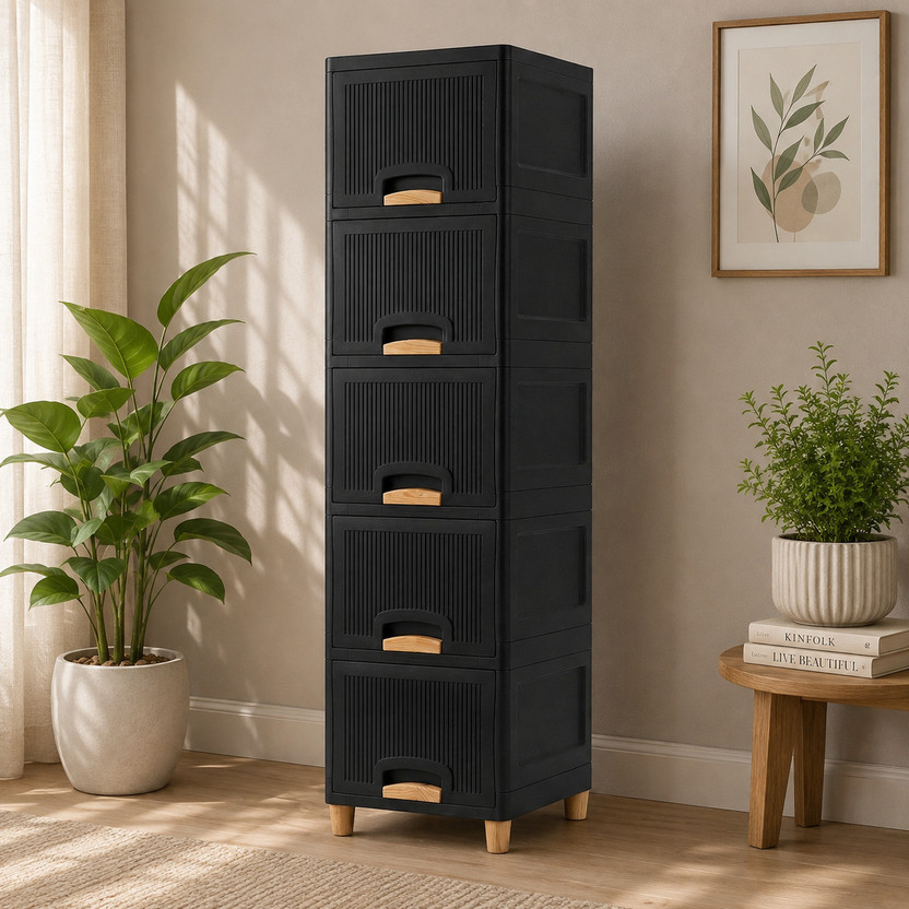 MAXTID Slim Office Storage Cabinet for Files, Stationery and Daily Essentials Plastic Free Standing Chest of Drawers(Finish Color - Black, Door Type- Framed Sliding, DIY(Do-It-Yourself))
