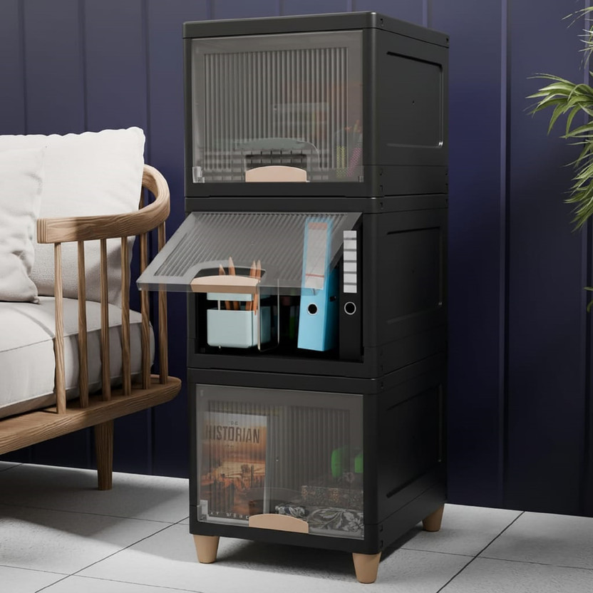 Sumoware 3 Layer Foldable Cabinet Plastic Cupboard For Storage Plastic Modular Drawer Plastic Free Standing Cabinet(Finish Color - Black, DIY(Do-It-Yourself))