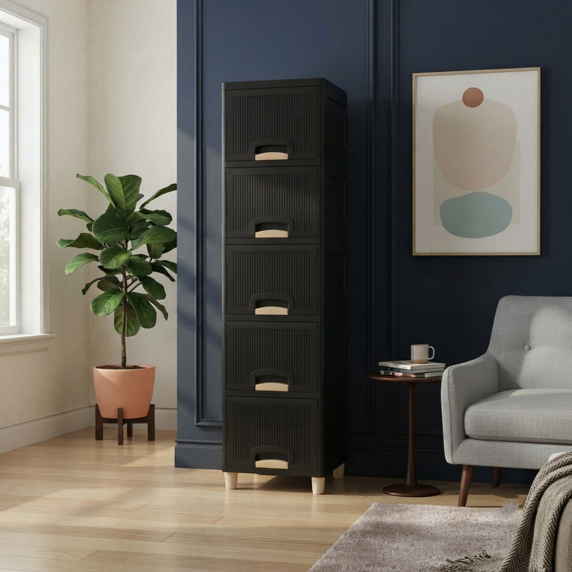VISEMAN Space Saving Vertical Black Storage Cabinet with Five Large Drawers Plastic Open Book Shelf(Finish Color - Black, DIY(Do-It-Yourself))