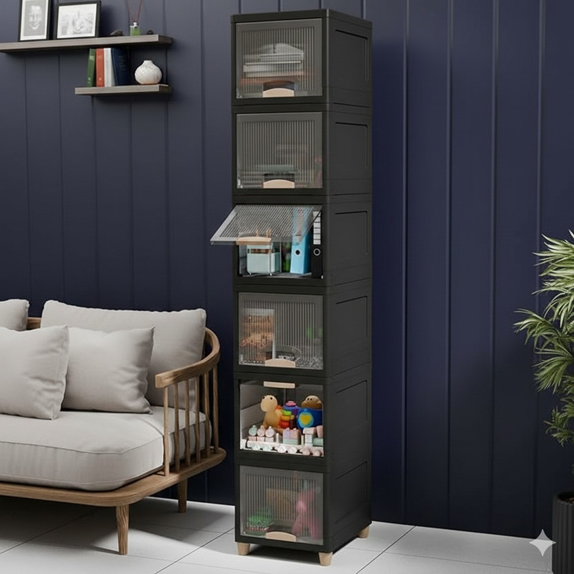 Sumoware 6 Layer Foldable Cabinet Plastic Cupboard For Storage Plastic Modular Drawer Plastic Free Standing Cabinet(Finish Color - Black, Door Type- Frameless Sliding, DIY(Do-It-Yourself))