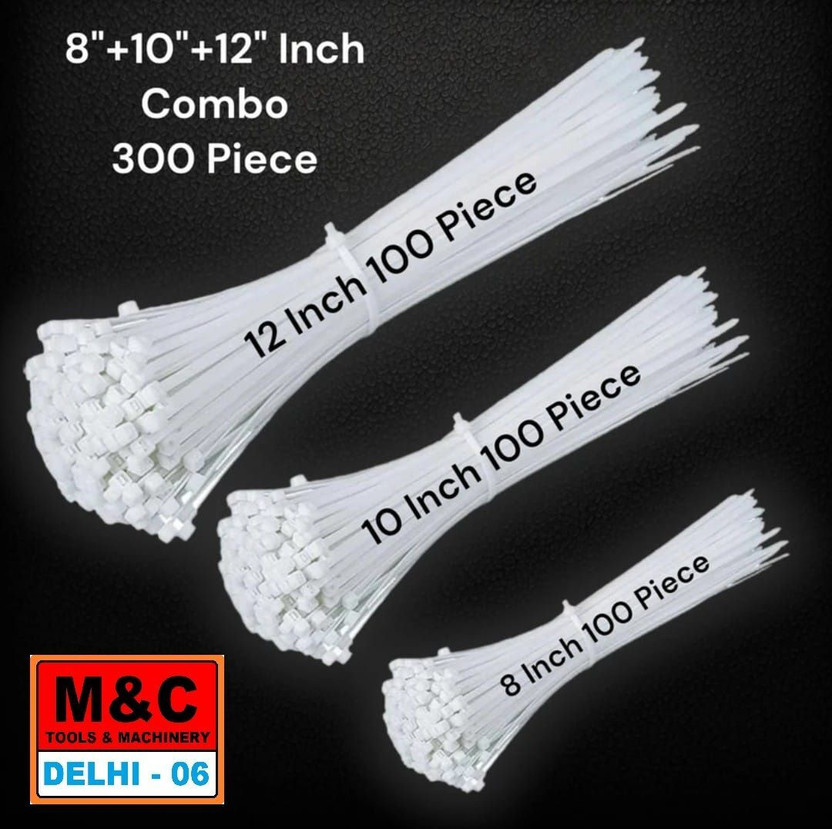 MANDC 300 Pcs, 8"+10"+12" Inch Combo Self Locking Nylon Cable Ties, UV Protected Nylon Flexible Straps Cable Tie(White Pack of 300)