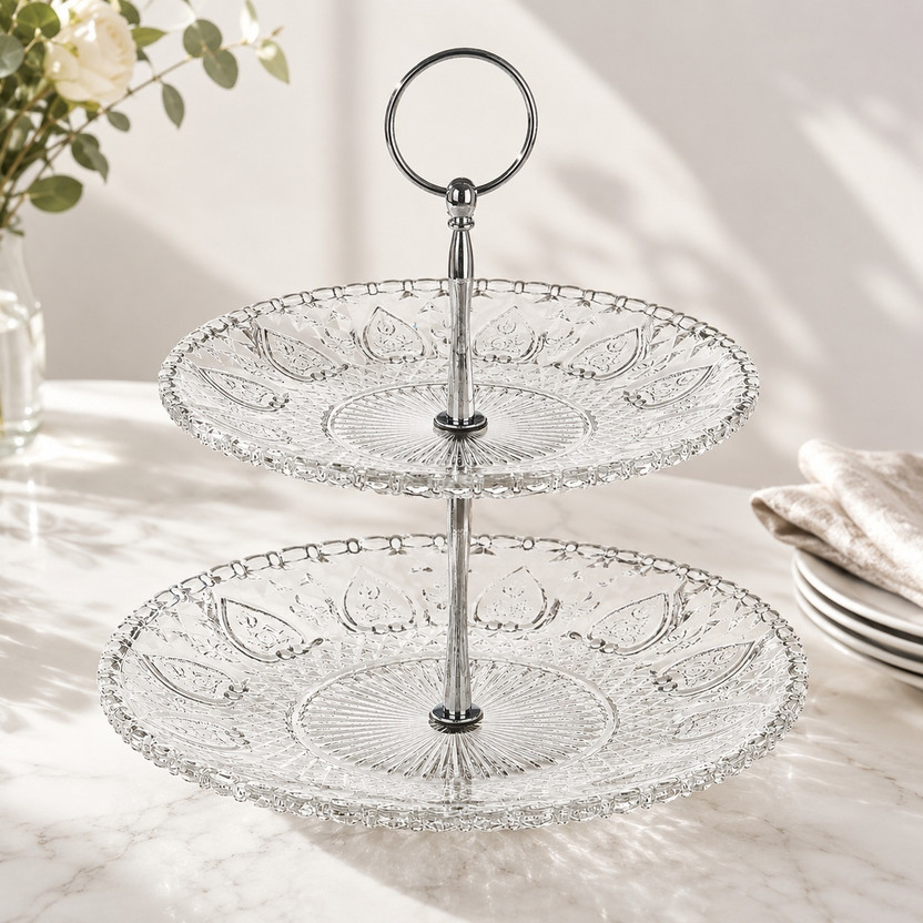 IndusBay 2-Tier Carved Glass Cake Stand Premium Round Dessert Display Holder Glass Cake Server(Clear, Pack of 1)