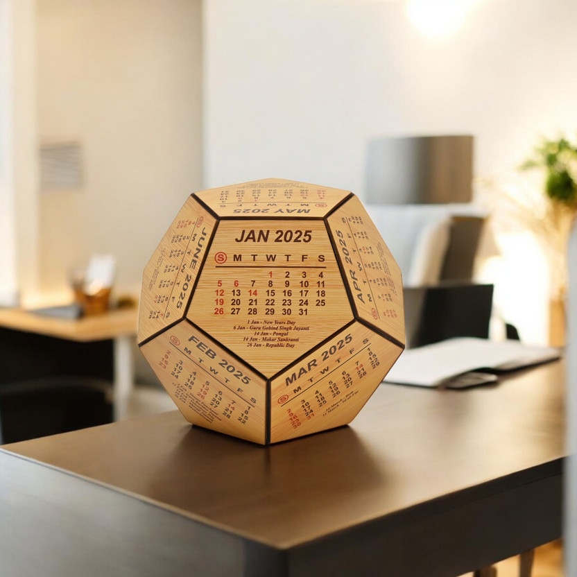 GIFT KYA DE Desk Calendar & Table Decorative Items Wooden 3D Premium Pentagonal Shape Design 2022 Calendar (6 Inch) Unique Corporate Gift For Office Decor, Bamboo Table Calendar(Brown, Made in India 2025 Eco Friendly)