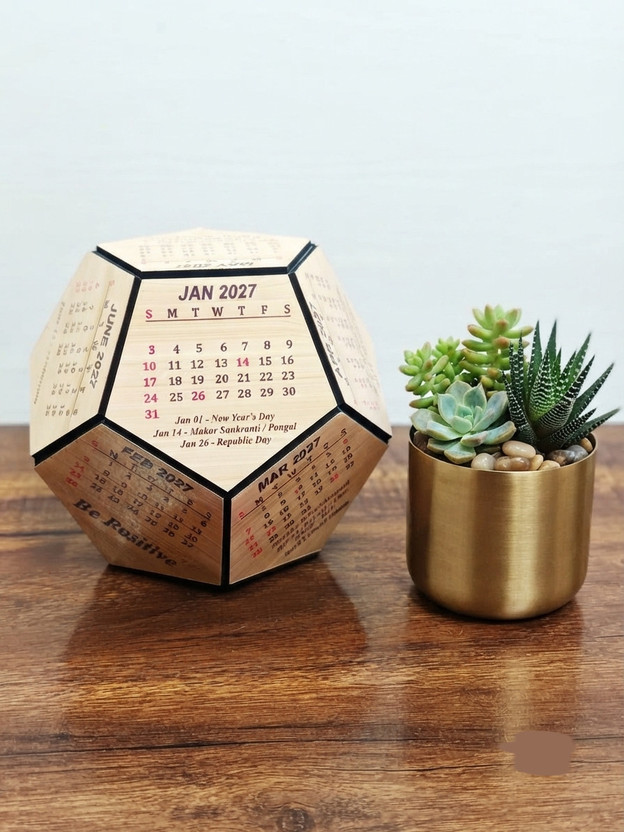 IMPACTPLUS MDF 3D Pentagon Desk Calendar 2026 Table Calendar Eco-Friendly for Office/Home 2026 Calendar medium size unique corporate gift for office decor Table Calendar(Brown, Made in India 2026 Eco Friendly, wooden 3D Premium Pentagonal shape 2026 calendar)