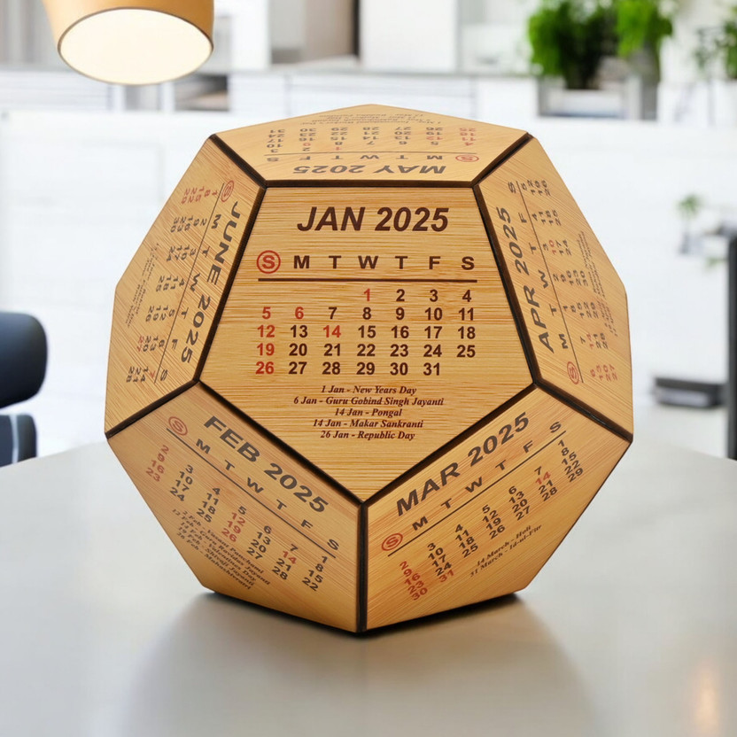 GIFT KYA DE Desk calendar and table decorative items wooden 3D Premium Pentagonal shape design 2022 calendar big size unique corporate gift for office decor, Bamboo Table Calendar(Brown, Made in India 2025 Eco Friendly)