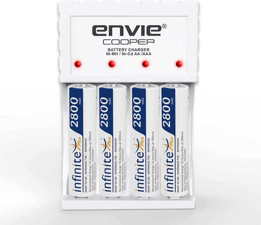 Envie Ultra Fast Charger ECR 20MC with 4 nos of AA 2800 mAh Rechargeable Batteries | for AA & AAA Ni-Cd & Ni-mh Rechargeable Batteries with LED Indicator  Camera Battery Charger(White)