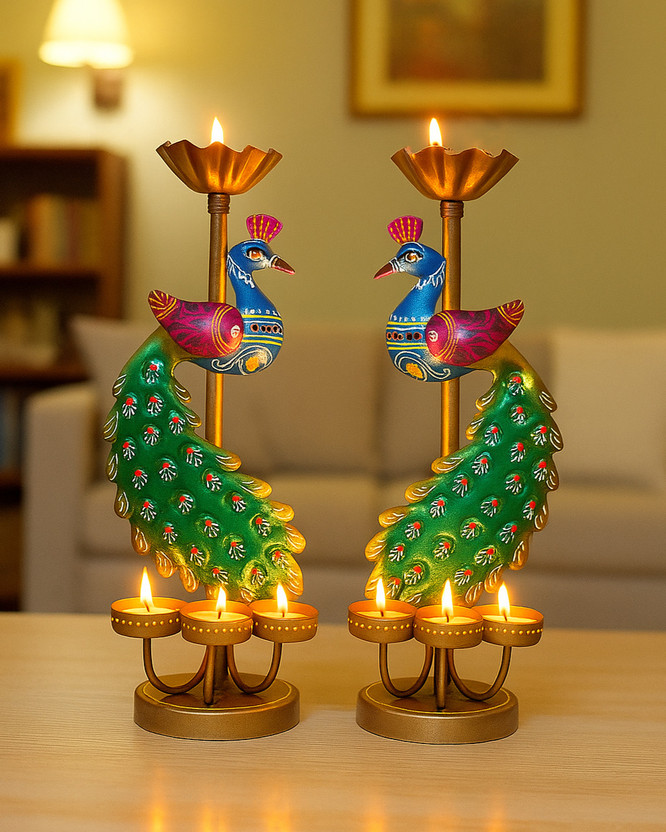 Craftowl Metal Peacock Candle Holder Set of 2 Home Decoration Diwali Gifting Decorative Showpiece  -  34 cm(Iron, Multicolor)